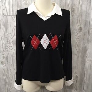 Vintage STUDIO WORKS Black Red Preppy Sweater Large Argyle
